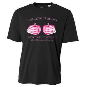 Check Your Boobs Mine Tried To Kill Me Breast Cancer Pumpkin Cooling Performance Crew T-Shirt