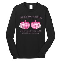 Check Your Boobs Mine Tried To Kill Me Breast Cancer Pumpkin Long Sleeve Shirt