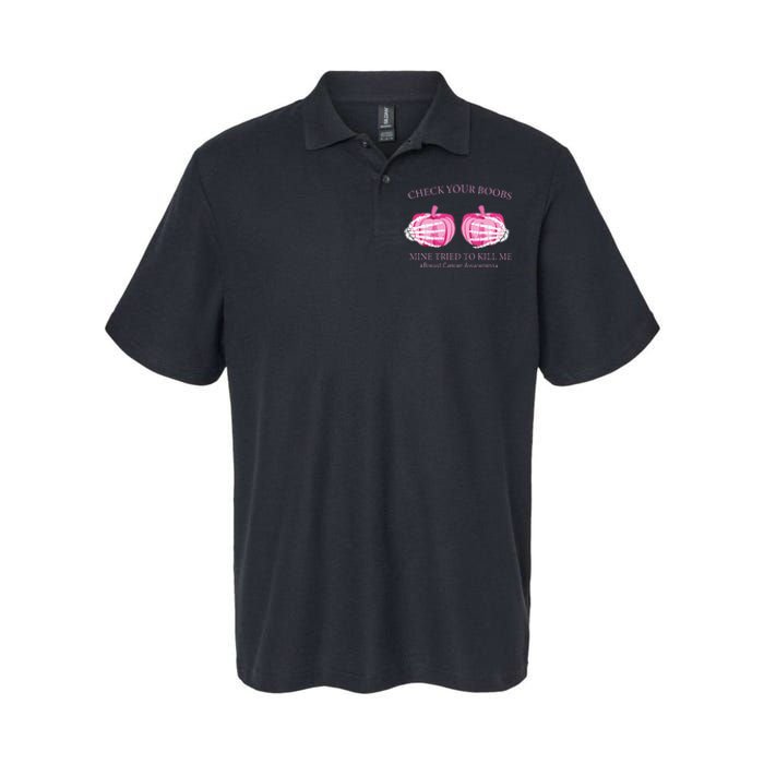 Check Your Boobs Mine Tried To Kill Me Breast Cancer Pumpkin Softstyle Adult Sport Polo