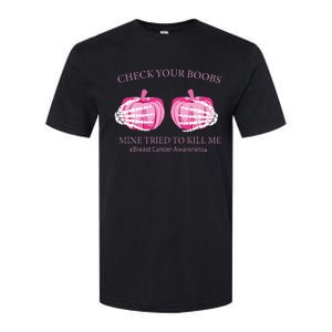 Check Your Boobs Mine Tried To Kill Me Breast Cancer Pumpkin Softstyle CVC T-Shirt