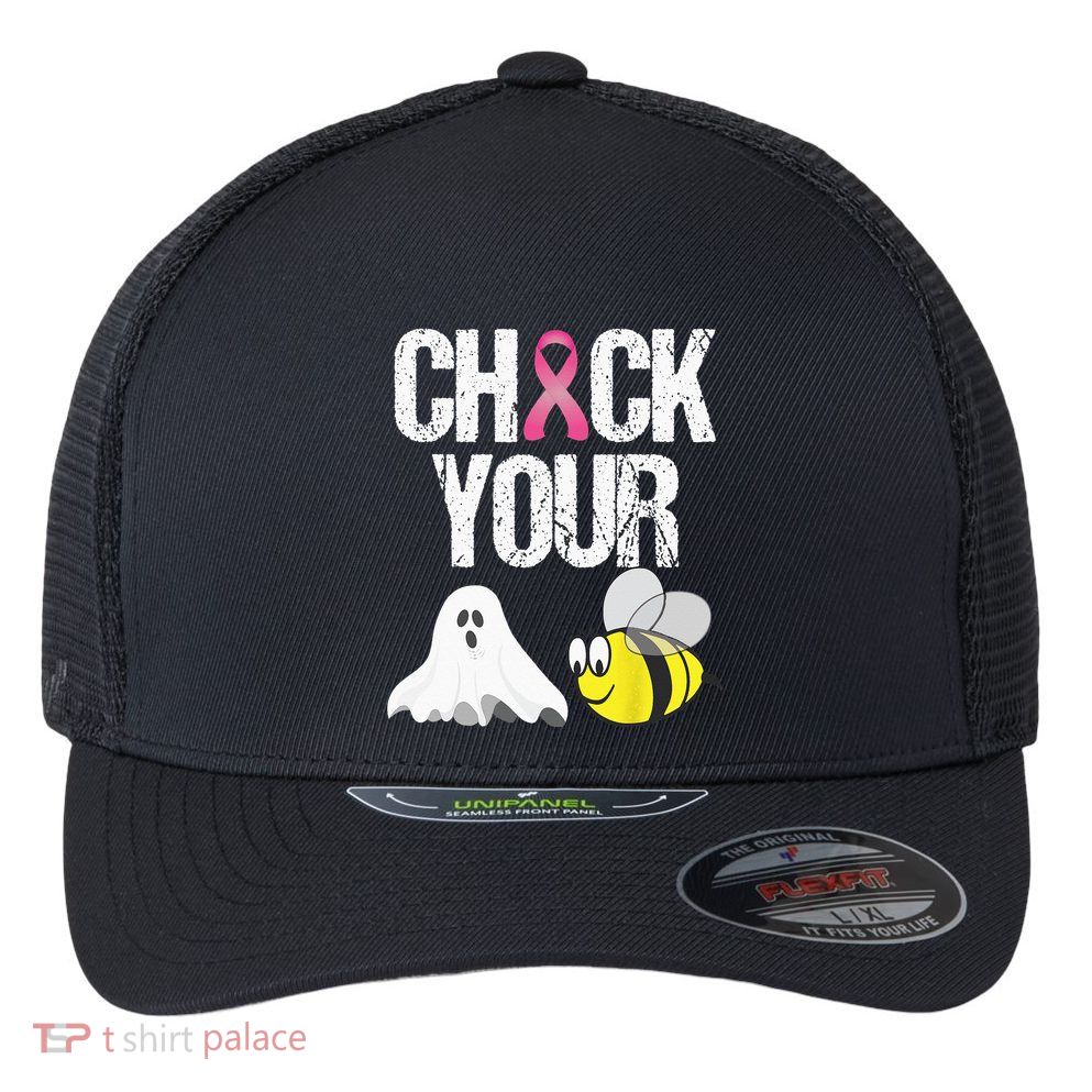 Check Your Boo Bees Funny Breast Cancer Halloween Gift Flexfit Unipanel Trucker Cap