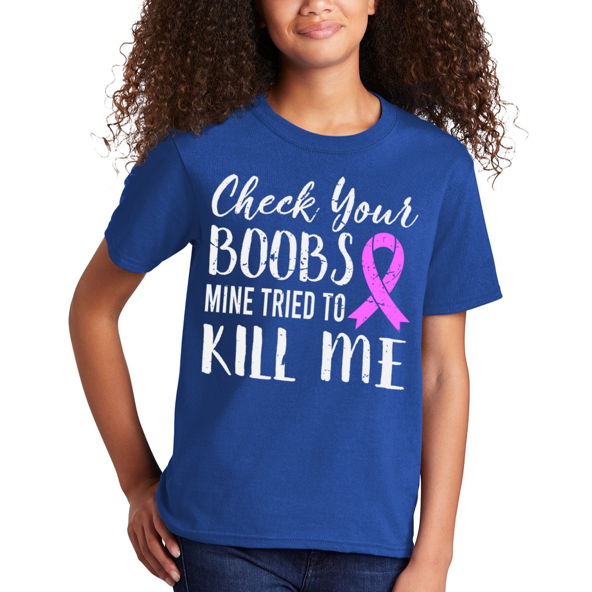 Check Your Boobs Mine Tried To Kill Me Breast Cancer Gift Kids T-Shirt