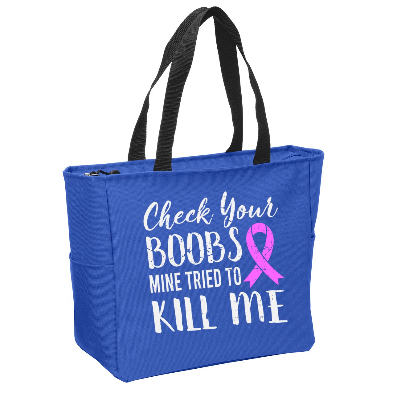 Check Your Boobs Mine Tried To Kill Me Breast Cancer Gift Zip Tote Bag