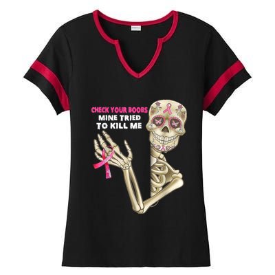 Check Your Boobs Skeleton Hand Breast Cancer Awareness Gifts Ladies Halftime Notch Neck Tee