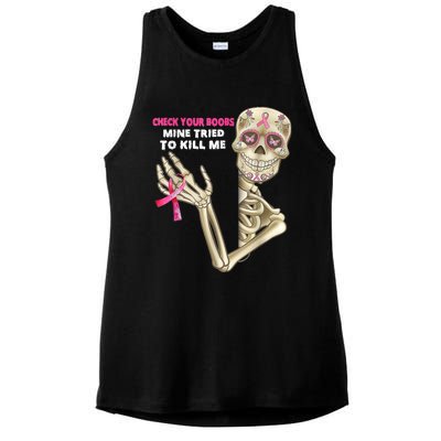 Check Your Boobs Skeleton Hand Breast Cancer Awareness Gifts Ladies PosiCharge Tri-Blend Wicking Tank