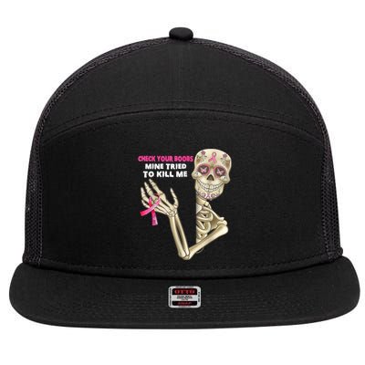 Check Your Boobs Skeleton Hand Breast Cancer Awareness Gifts 7 Panel Mesh Trucker Snapback Hat