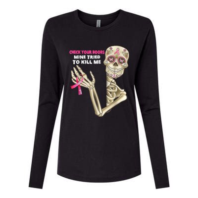 Check Your Boobs Skeleton Hand Breast Cancer Awareness Gifts Womens Cotton Relaxed Long Sleeve T-Shirt