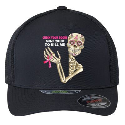 Check Your Boobs Skeleton Hand Breast Cancer Awareness Gifts Flexfit Unipanel Trucker Cap