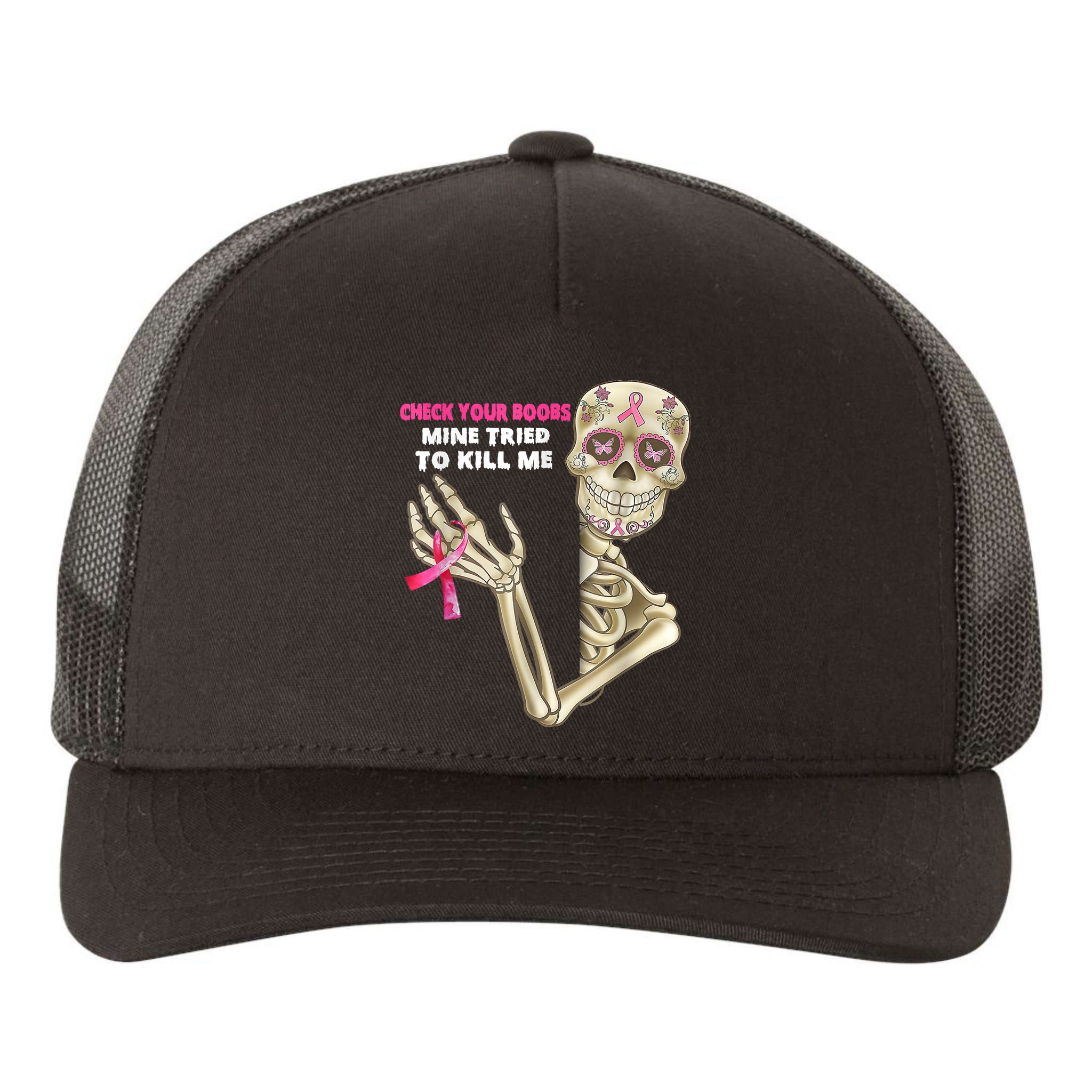 Check Your Boobs Skeleton Hand Breast Cancer Awareness Gifts Yupoong Adult 5-Panel Trucker Hat