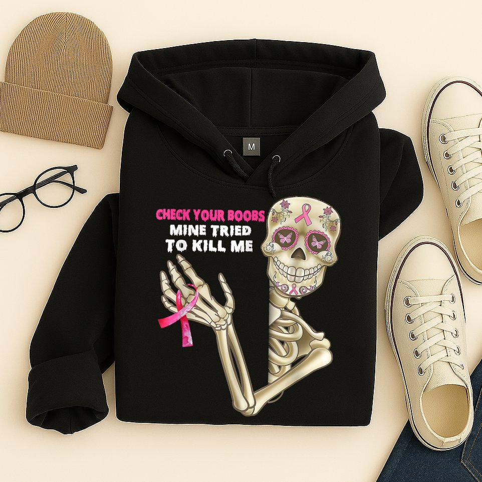 Check Your Boobs Skeleton Hand Breast Cancer Awareness Gifts Hoodie