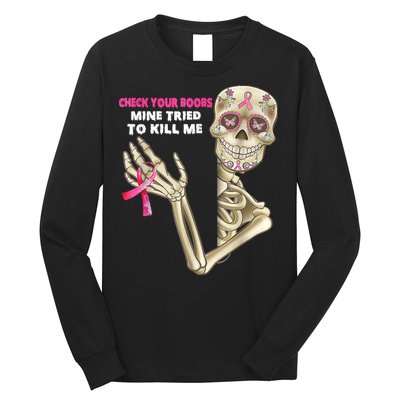 Check Your Boobs Skeleton Hand Breast Cancer Awareness Gifts Long Sleeve Shirt