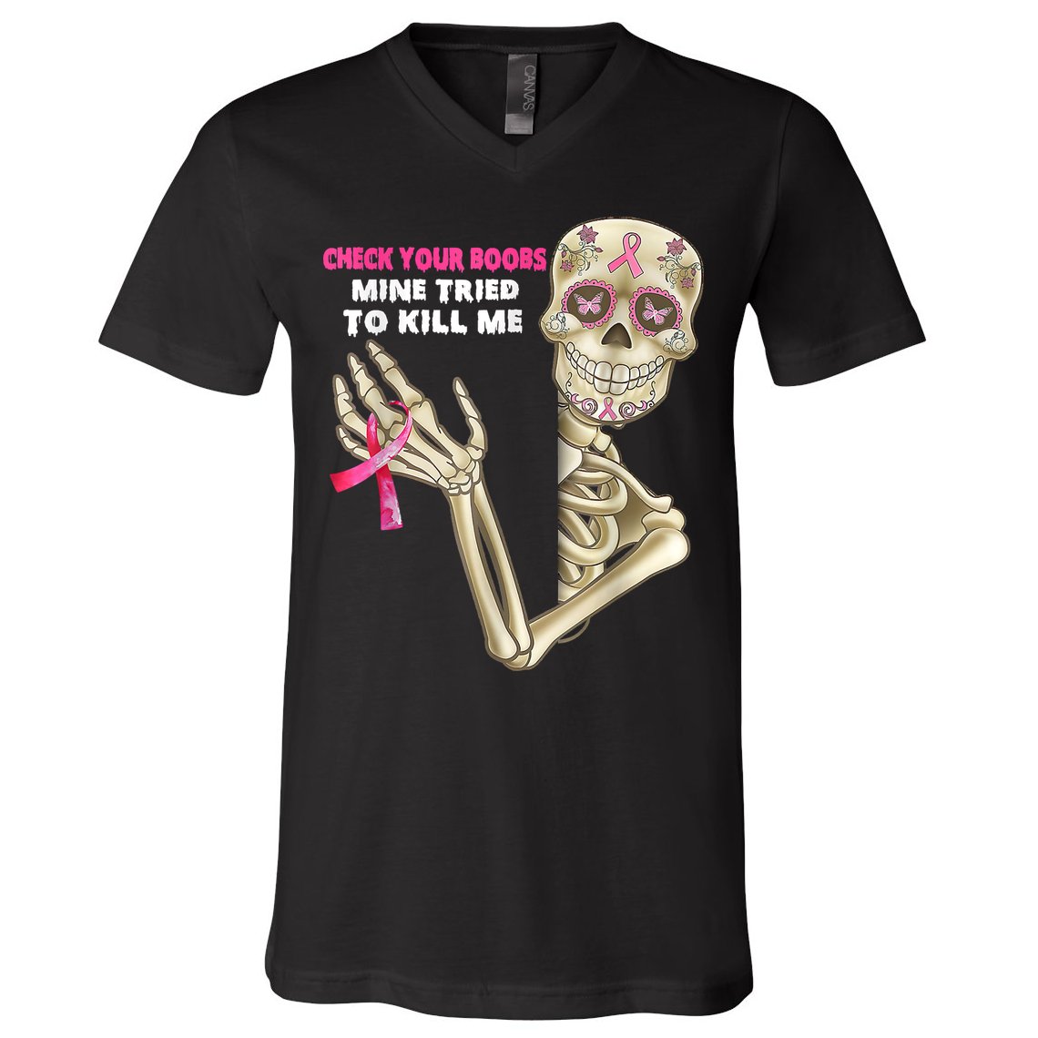 Check Your Boobs Skeleton Hand Breast Cancer Awareness Gifts V-Neck T-Shirt