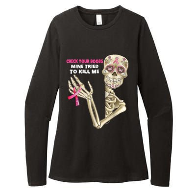 Check Your Boobs Skeleton Hand Breast Cancer Awareness Gifts Womens CVC Long Sleeve Shirt