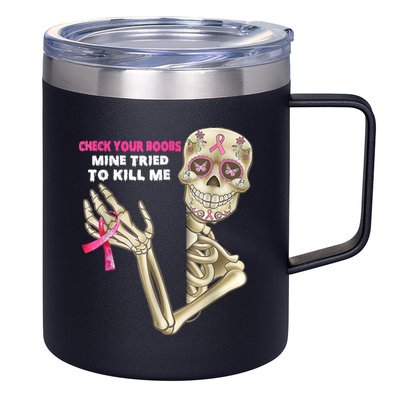 Check Your Boobs Skeleton Hand Breast Cancer Awareness Gifts 12oz Stainless Steel Coffee Mug