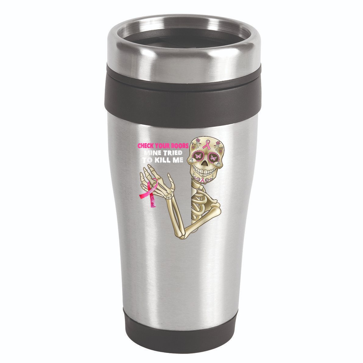 Check Your Boobs Skeleton Hand Breast Cancer Awareness Gifts 16oz Travel Tumbler