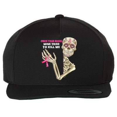 Check Your Boobs Skeleton Hand Breast Cancer Awareness Gifts Wool Snapback Cap