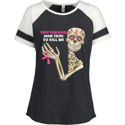 Check Your Boobs Skeleton Hand Breast Cancer Awareness Gifts Enza Ladies Jersey Colorblock Tee