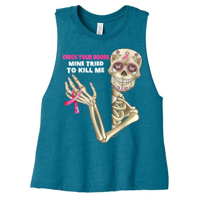 Check Your Boobs Skeleton Hand Breast Cancer Awareness Gifts Women's Racerback Cropped Tank