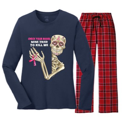 Check Your Boobs Skeleton Hand Breast Cancer Awareness Gifts Women's Long Sleeve Flannel Pajama Set 