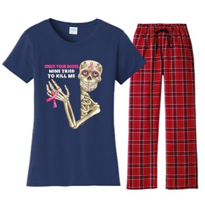 Check Your Boobs Skeleton Hand Breast Cancer Awareness Gifts Women's Flannel Pajama Set