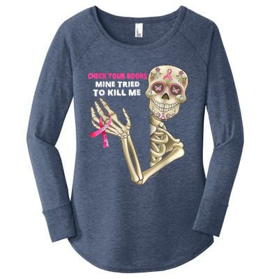 Check Your Boobs Skeleton Hand Breast Cancer Awareness Gifts Women's Perfect Tri Tunic Long Sleeve Shirt