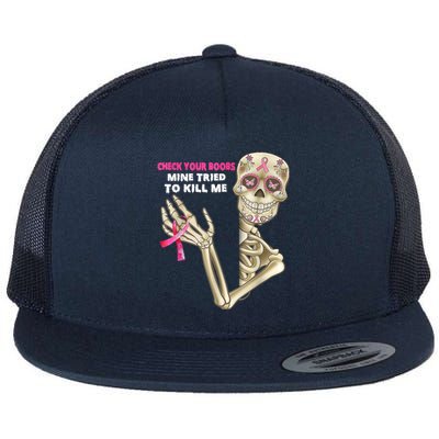 Check Your Boobs Skeleton Hand Breast Cancer Awareness Gifts Flat Bill Trucker Hat