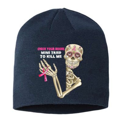 Check Your Boobs Skeleton Hand Breast Cancer Awareness Gifts Sustainable Beanie