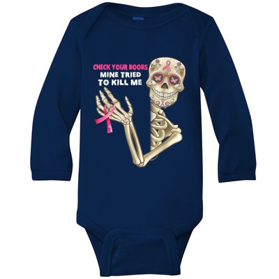 Check Your Boobs Skeleton Hand Breast Cancer Awareness Gifts Baby Long Sleeve Bodysuit