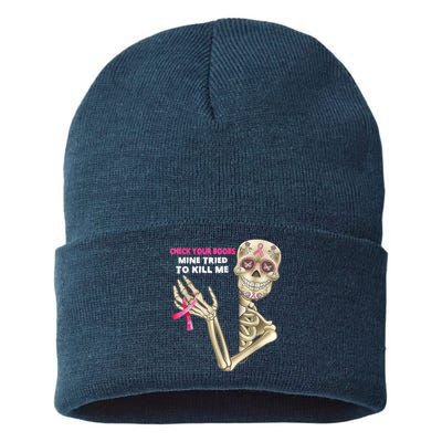 Check Your Boobs Skeleton Hand Breast Cancer Awareness Gifts Sustainable Knit Beanie