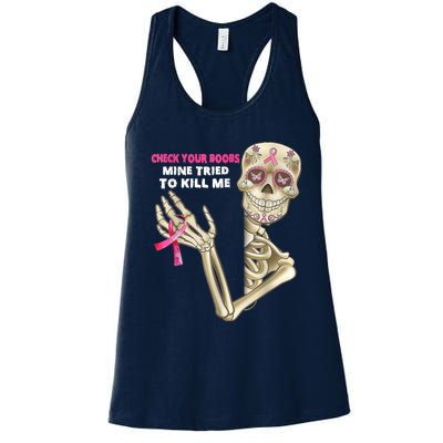 Check Your Boobs Skeleton Hand Breast Cancer Awareness Gifts Women's Racerback Tank