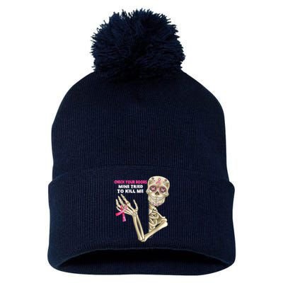 Check Your Boobs Skeleton Hand Breast Cancer Awareness Gifts Pom Pom 12in Knit Beanie