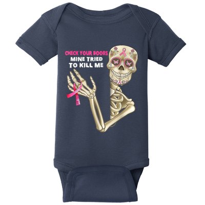 Check Your Boobs Skeleton Hand Breast Cancer Awareness Gifts Baby Bodysuit