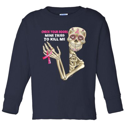 Check Your Boobs Skeleton Hand Breast Cancer Awareness Gifts Toddler Long Sleeve Shirt