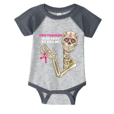 Check Your Boobs Skeleton Hand Breast Cancer Awareness Gifts Infant Baby Jersey Bodysuit