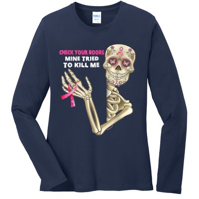 Check Your Boobs Skeleton Hand Breast Cancer Awareness Gifts Ladies Long Sleeve Shirt