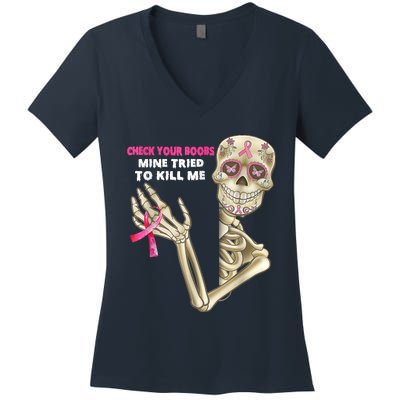 Check Your Boobs Skeleton Hand Breast Cancer Awareness Gifts Women's V-Neck T-Shirt