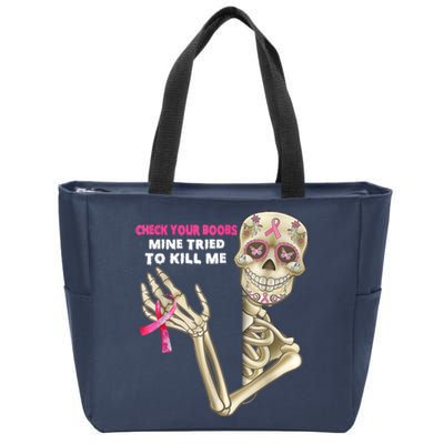 Check Your Boobs Skeleton Hand Breast Cancer Awareness Gifts Zip Tote Bag