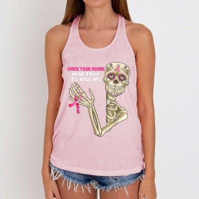 Check Your Boobs Skeleton Hand Breast Cancer Awareness Gifts Women's Knotted Racerback Tank