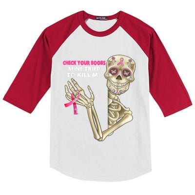 Check Your Boobs Skeleton Hand Breast Cancer Awareness Gifts Kids Colorblock Raglan Jersey