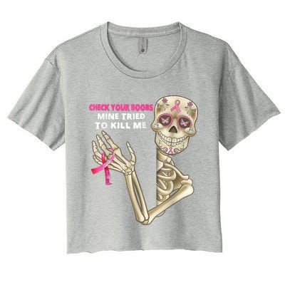 Check Your Boobs Skeleton Hand Breast Cancer Awareness Gifts Women's Crop Top Tee