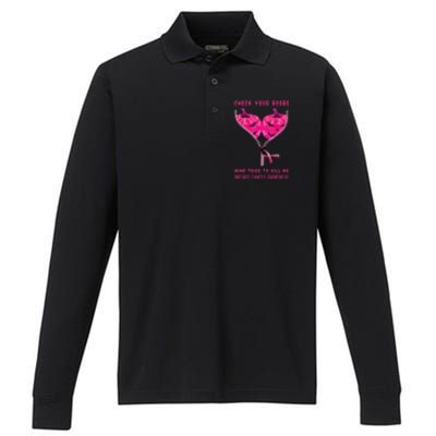 Check Your Boobs Mine Tried To Kill Me Breast Cancer Awareness Performance Long Sleeve Polo