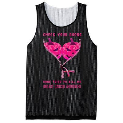 Check Your Boobs Mine Tried To Kill Me Breast Cancer Awareness Mesh Reversible Basketball Jersey Tank