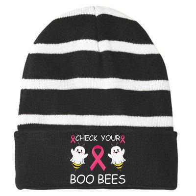 Check Your Boo Bees Funny Breast Cancer Awareness Women Gift Striped Beanie with Solid Band