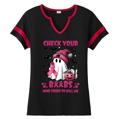 Check Your Boo Breast Cancer Halloween Ladies Halftime Notch Neck Tee