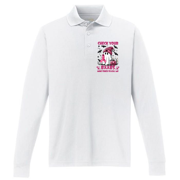 Check Your Boo Breast Cancer Halloween Performance Long Sleeve Polo