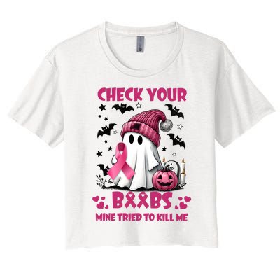 Check Your Boo Breast Cancer Halloween Women's Crop Top Tee