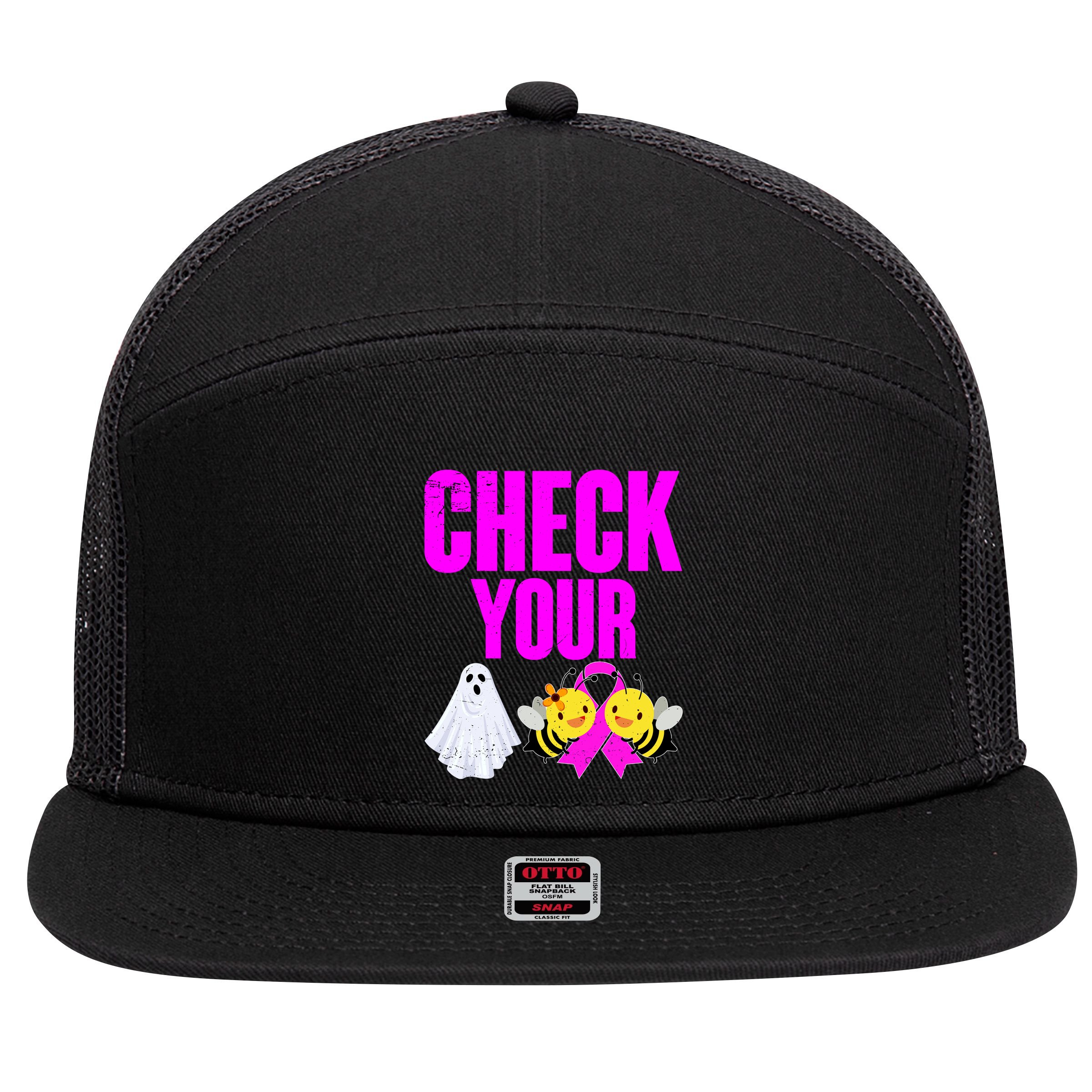 Check Your Boo Bees Breast Cancer Halloween Cute 7 Panel Mesh Trucker Snapback Hat