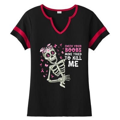 Check Your Boobs Mine Tried To Kill Mehalloween Ribbon Ladies Halftime Notch Neck Tee