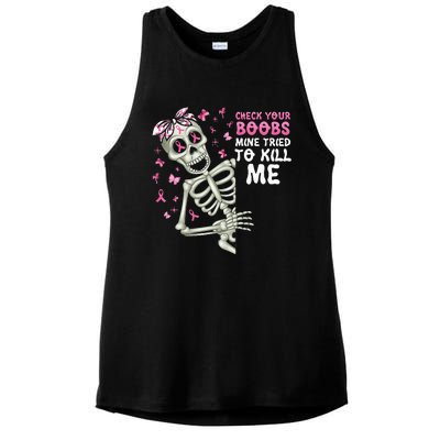 Check Your Boobs Mine Tried To Kill Mehalloween Ribbon Ladies PosiCharge Tri-Blend Wicking Tank