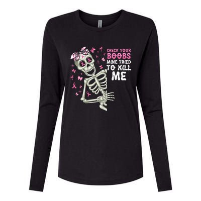 Check Your Boobs Mine Tried To Kill Mehalloween Ribbon Womens Cotton Relaxed Long Sleeve T-Shirt